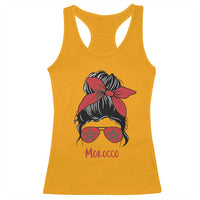 Morocco Girl Messy Bun with Flag Sunglasses Racerback Tank Top Proud Moroccan Woman Heritage