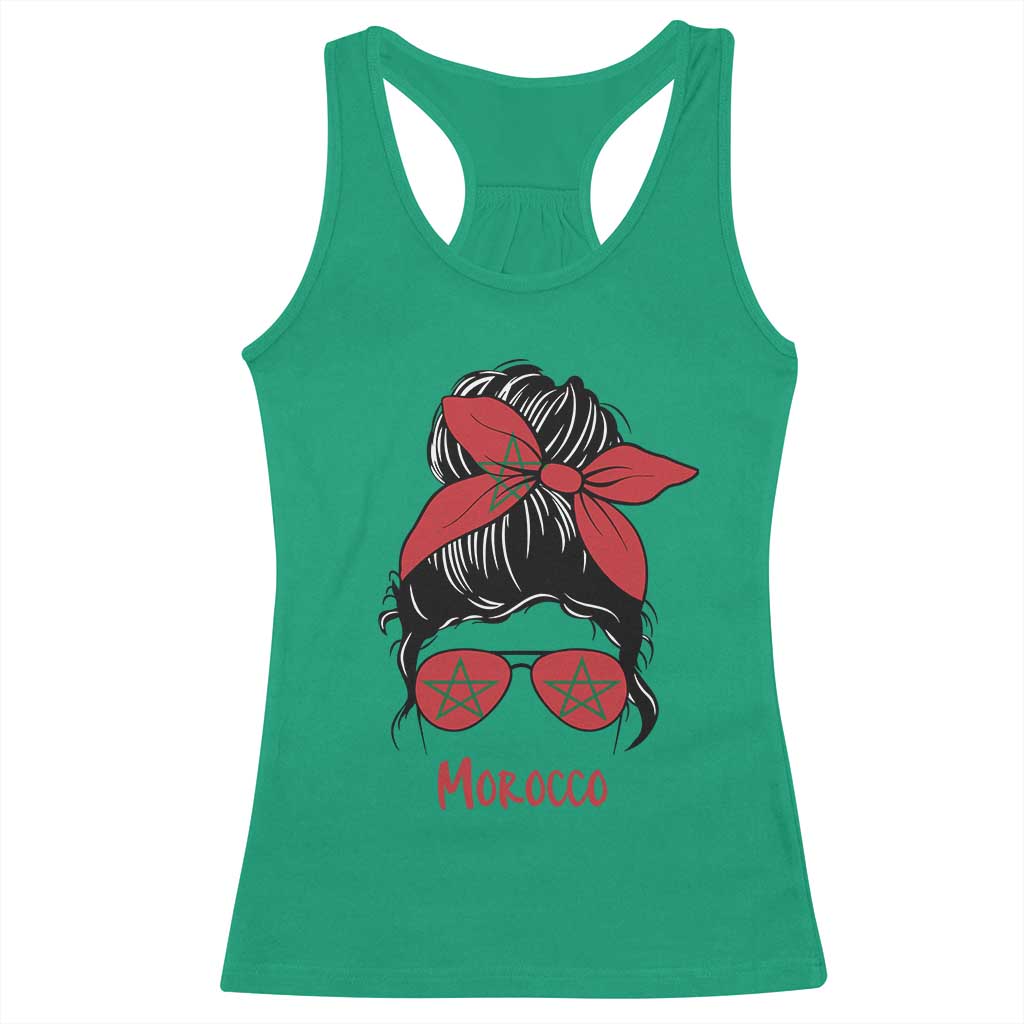Morocco Girl Messy Bun with Flag Sunglasses Racerback Tank Top Proud Moroccan Woman Heritage