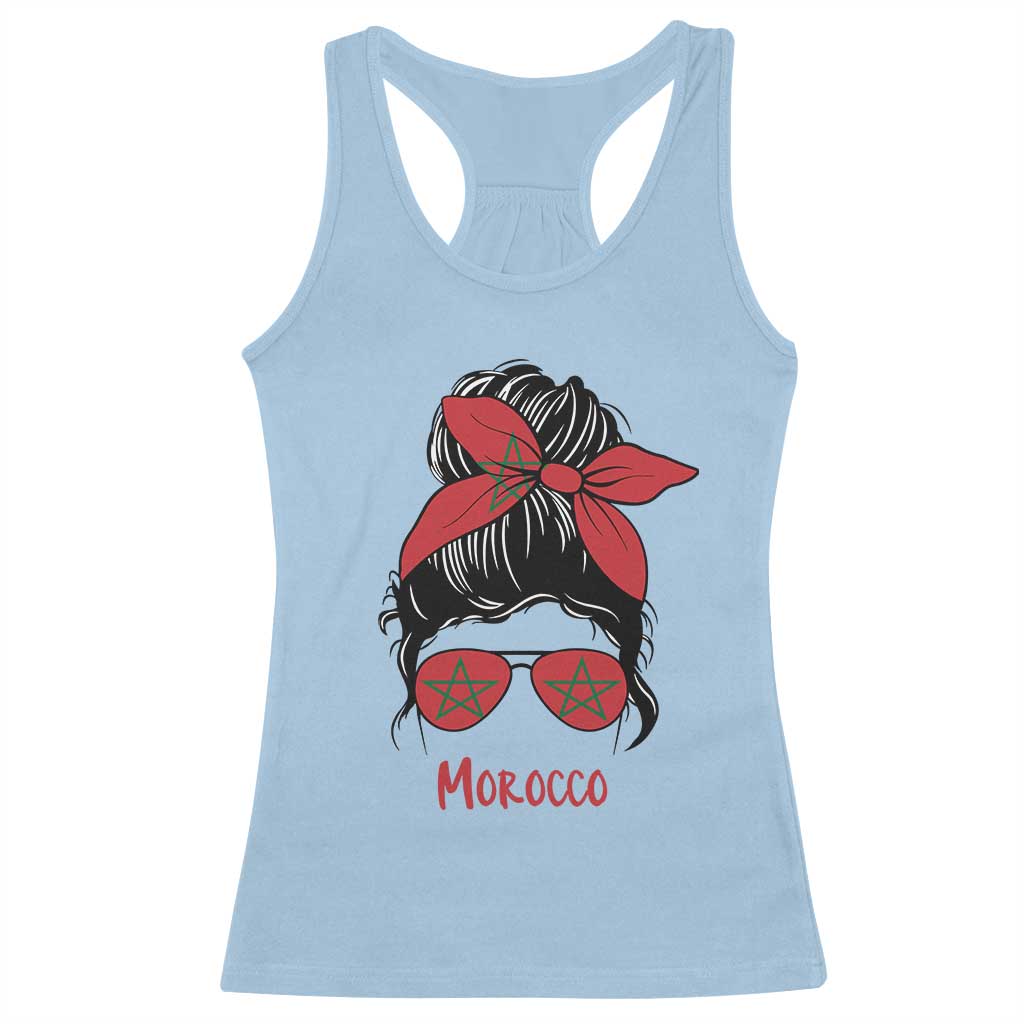 Morocco Girl Messy Bun with Flag Sunglasses Racerback Tank Top Proud Moroccan Woman Heritage