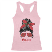 Morocco Girl Messy Bun with Flag Sunglasses Racerback Tank Top Proud Moroccan Woman Heritage