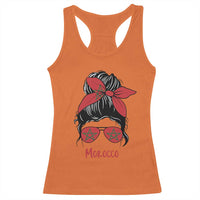 Morocco Girl Messy Bun with Flag Sunglasses Racerback Tank Top Proud Moroccan Woman Heritage