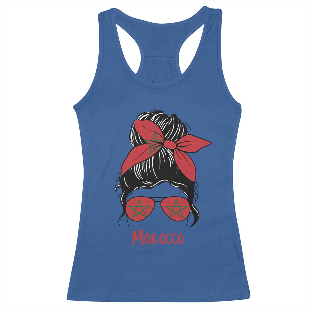 Morocco Girl Messy Bun with Flag Sunglasses Racerback Tank Top Proud Moroccan Woman Heritage