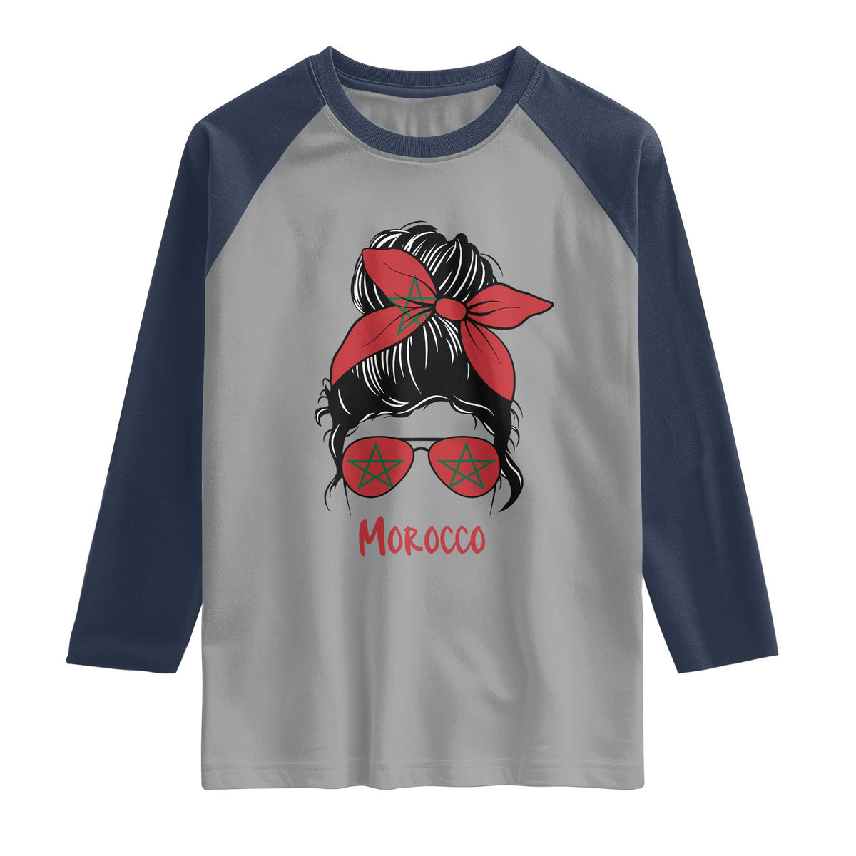 Morocco Girl Messy Bun with Flag Sunglasses Raglan Shirt Proud Moroccan Woman Heritage
