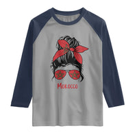 Morocco Girl Messy Bun with Flag Sunglasses Raglan Shirt Proud Moroccan Woman Heritage