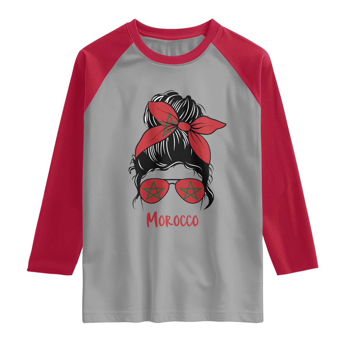 Morocco Girl Messy Bun with Flag Sunglasses Raglan Shirt Proud Moroccan Woman Heritage