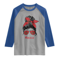 Morocco Girl Messy Bun with Flag Sunglasses Raglan Shirt Proud Moroccan Woman Heritage