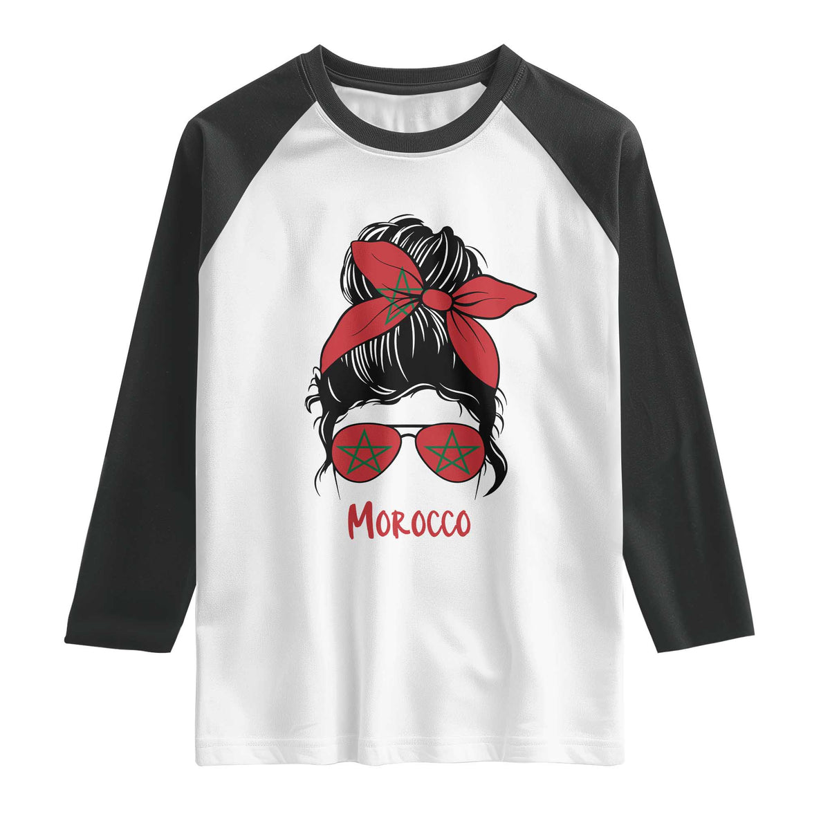 Morocco Girl Messy Bun with Flag Sunglasses Raglan Shirt Proud Moroccan Woman Heritage