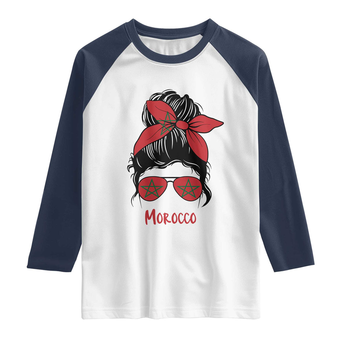 Morocco Girl Messy Bun with Flag Sunglasses Raglan Shirt Proud Moroccan Woman Heritage