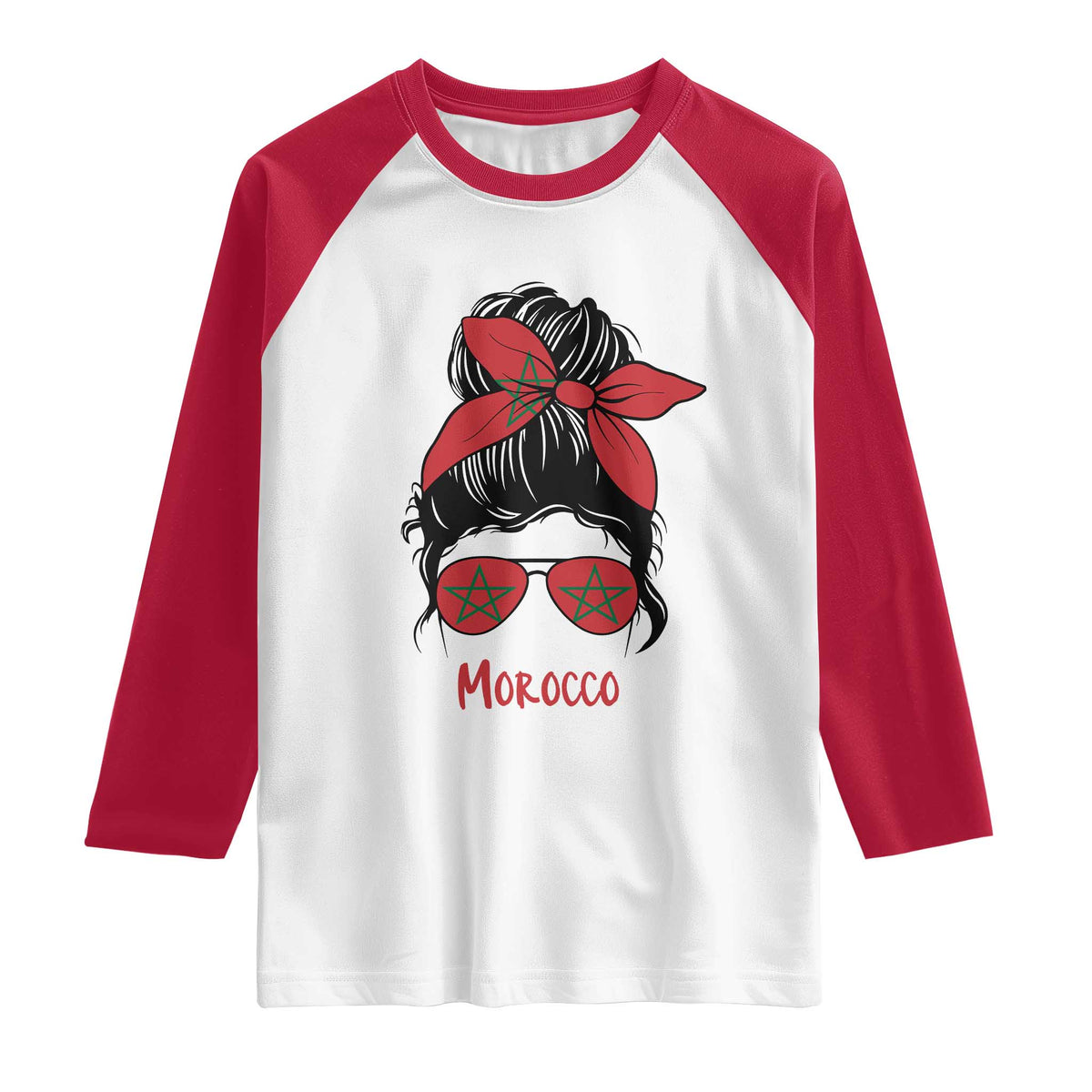 Morocco Girl Messy Bun with Flag Sunglasses Raglan Shirt Proud Moroccan Woman Heritage