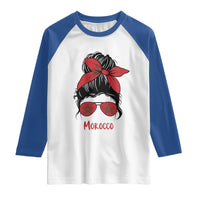 Morocco Girl Messy Bun with Flag Sunglasses Raglan Shirt Proud Moroccan Woman Heritage