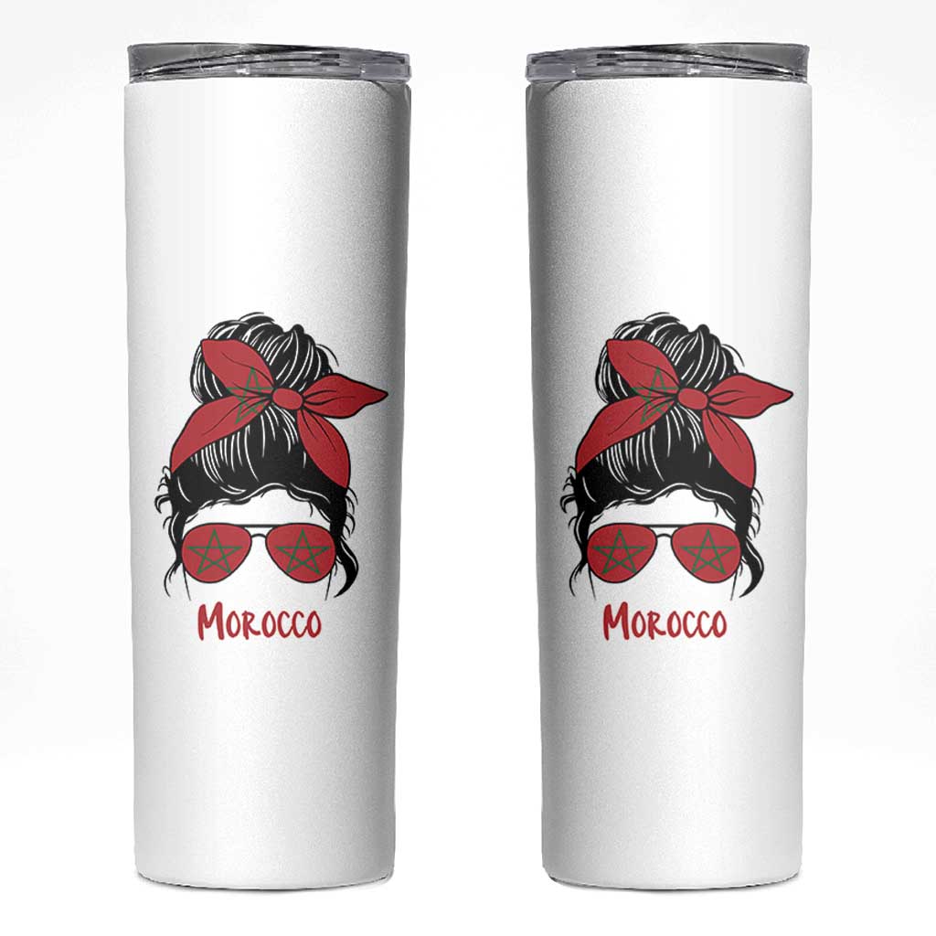 Morocco Girl Messy Bun with Flag Sunglasses Skinny Tumbler Proud Moroccan Woman Heritage