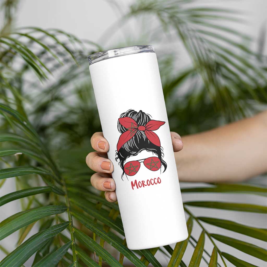Morocco Girl Messy Bun with Flag Sunglasses Skinny Tumbler Proud Moroccan Woman Heritage