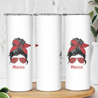Morocco Girl Messy Bun with Flag Sunglasses Skinny Tumbler Proud Moroccan Woman Heritage
