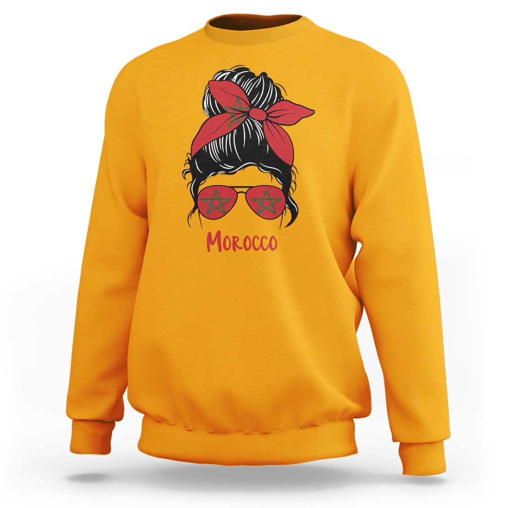 Morocco Girl Messy Bun with Flag Sunglasses Sweatshirt Proud Moroccan Woman Heritage