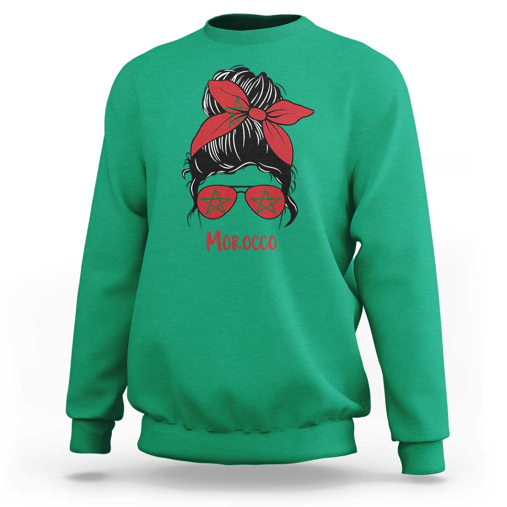 Morocco Girl Messy Bun with Flag Sunglasses Sweatshirt Proud Moroccan Woman Heritage
