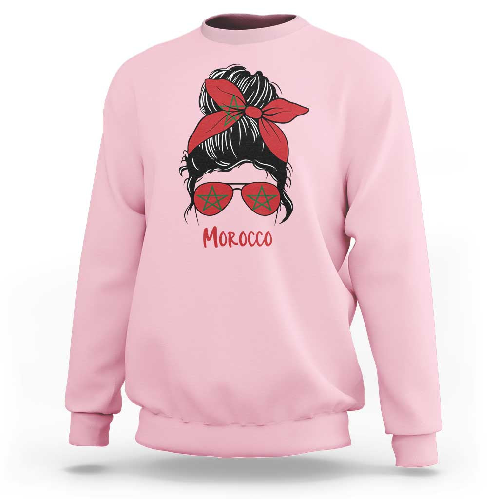 Morocco Girl Messy Bun with Flag Sunglasses Sweatshirt Proud Moroccan Woman Heritage