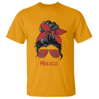 Morocco Girl Messy Bun with Flag Sunglasses T Shirt Proud Moroccan Woman Heritage