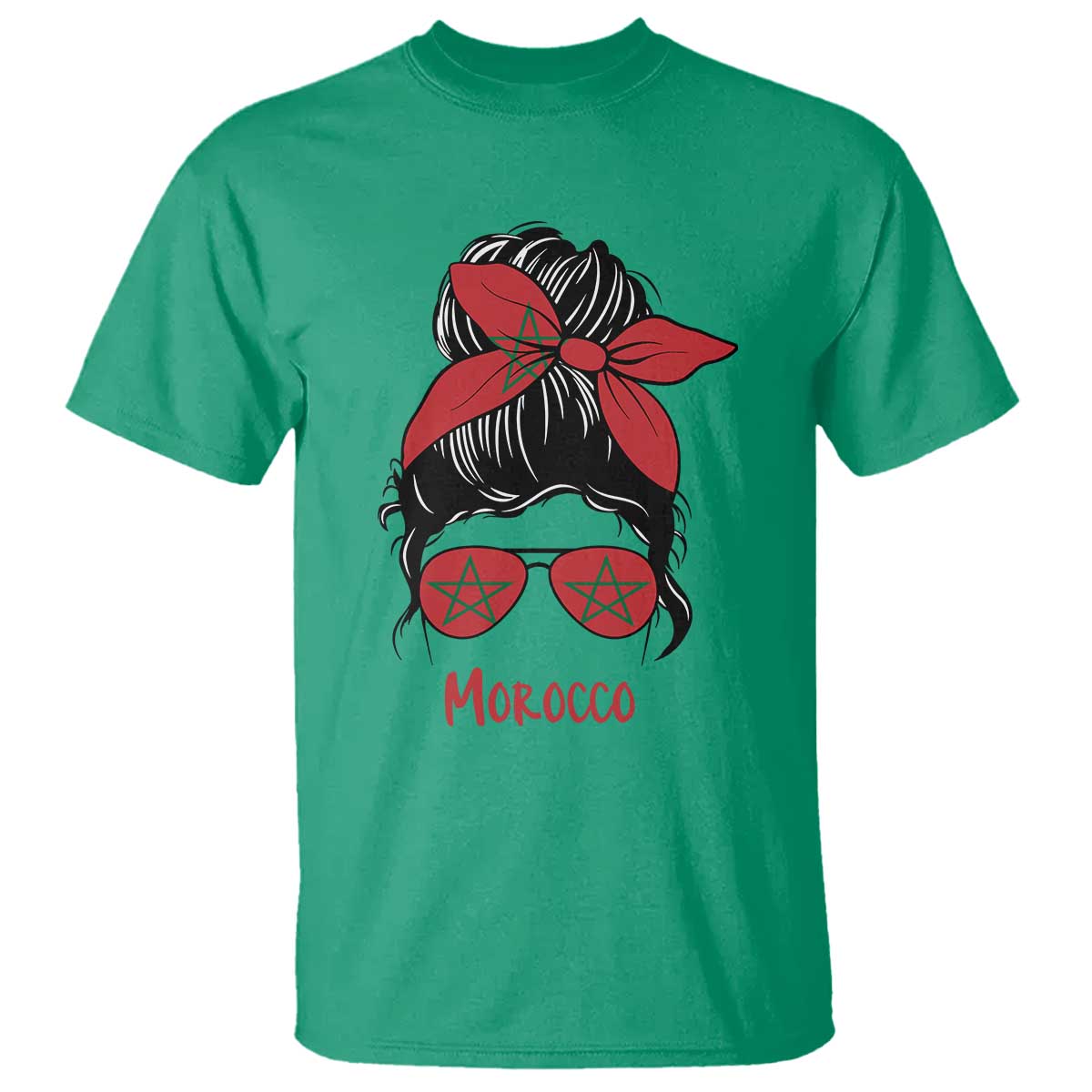 Morocco Girl Messy Bun with Flag Sunglasses T Shirt Proud Moroccan Woman Heritage