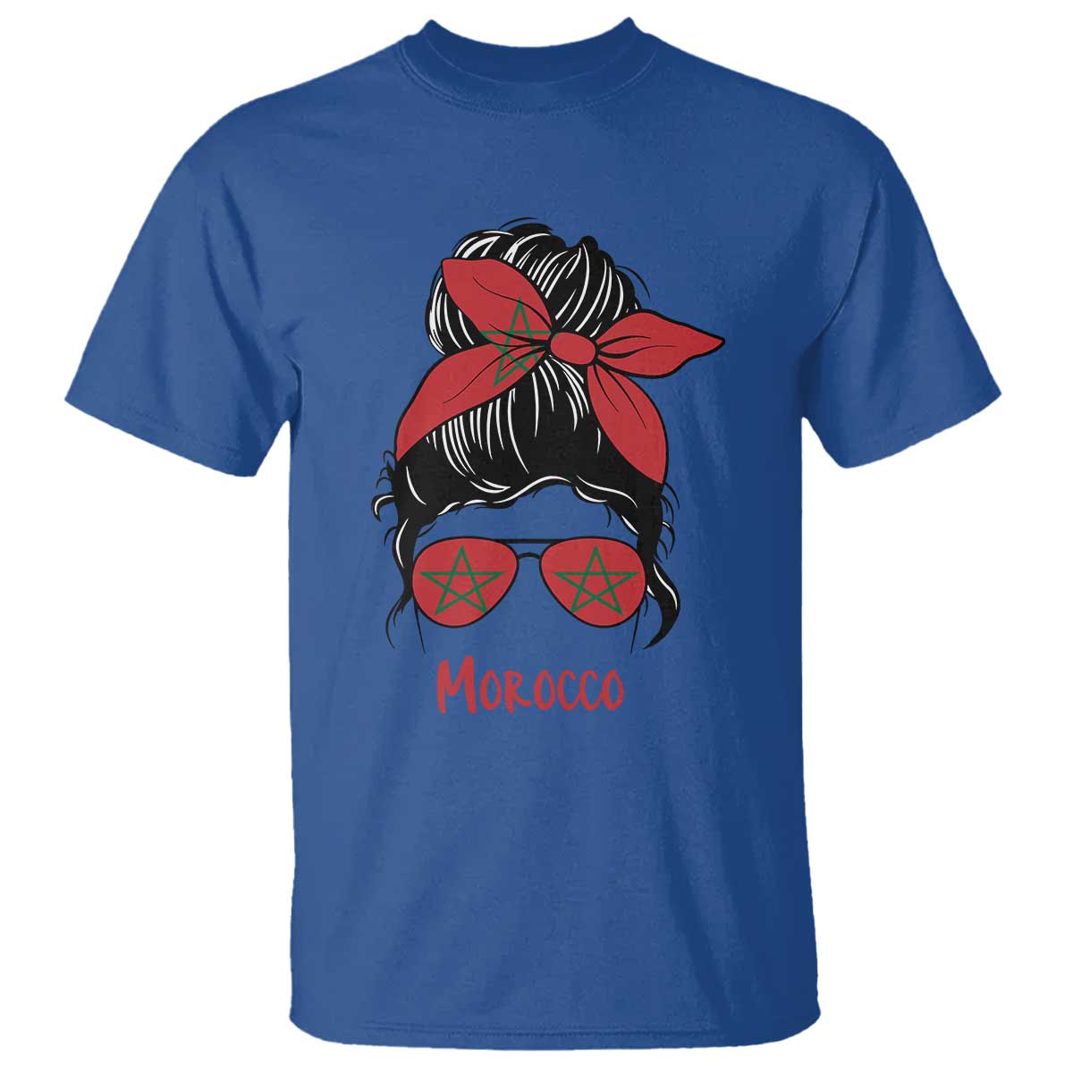 Morocco Girl Messy Bun with Flag Sunglasses T Shirt Proud Moroccan Woman Heritage