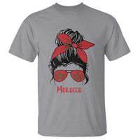 Morocco Girl Messy Bun with Flag Sunglasses T Shirt Proud Moroccan Woman Heritage