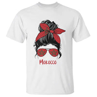 Morocco Girl Messy Bun with Flag Sunglasses T Shirt Proud Moroccan Woman Heritage