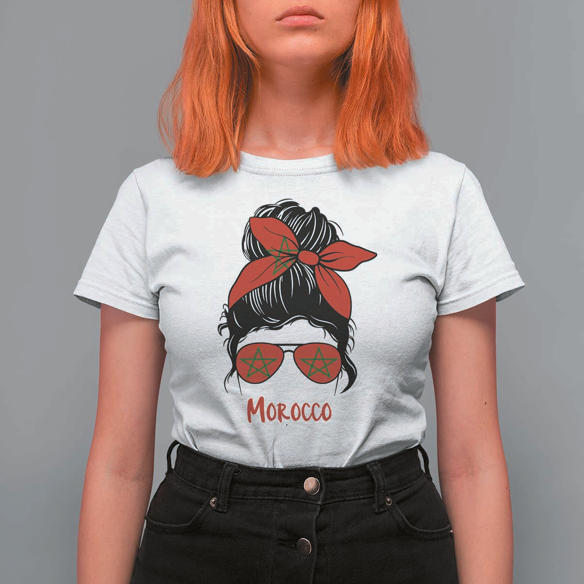 Morocco Girl Messy Bun with Flag Sunglasses T Shirt For Women Proud Moroccan Woman Heritage