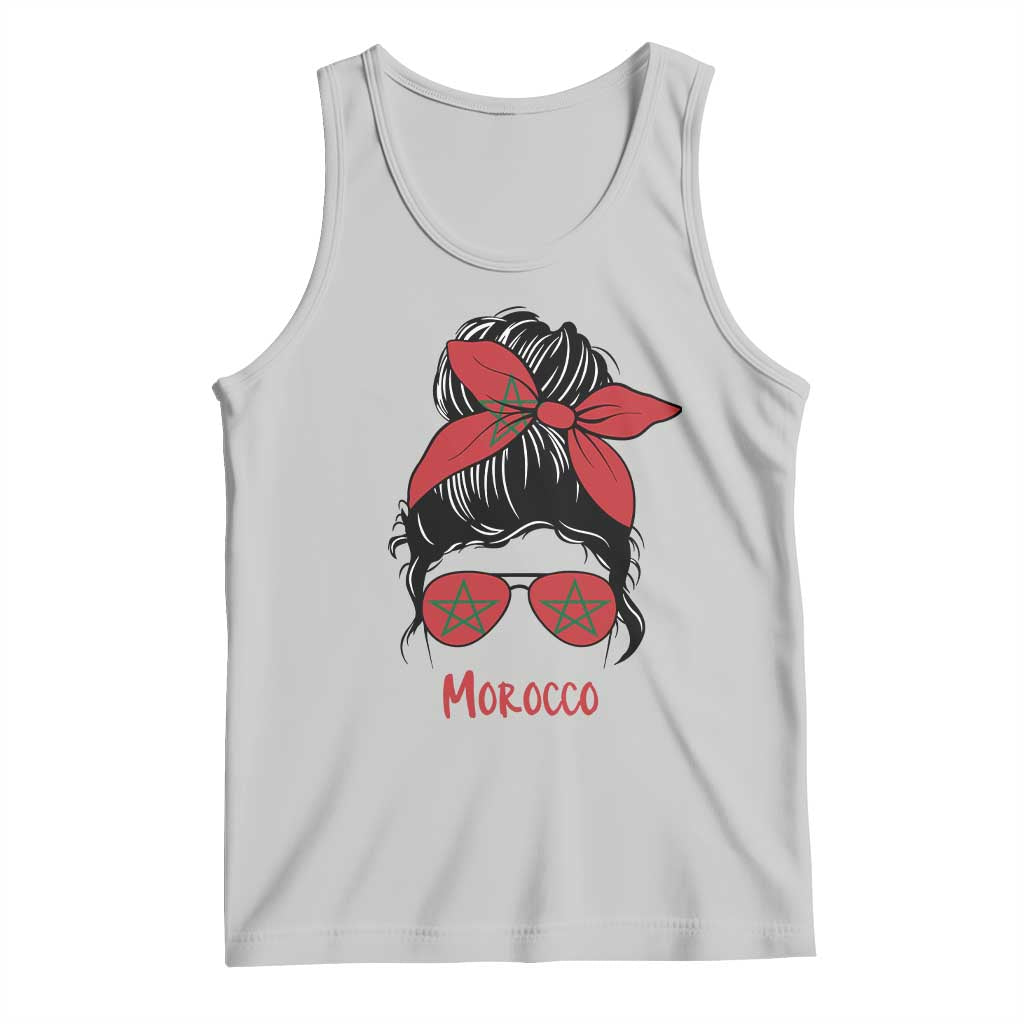 Morocco Girl Messy Bun with Flag Sunglasses Tank Top Proud Moroccan Woman Heritage