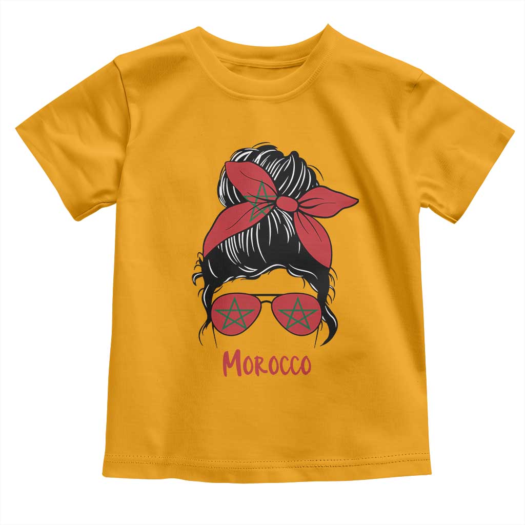 Morocco Girl Messy Bun with Flag Sunglasses Toddler T Shirt Proud Moroccan Woman Heritage