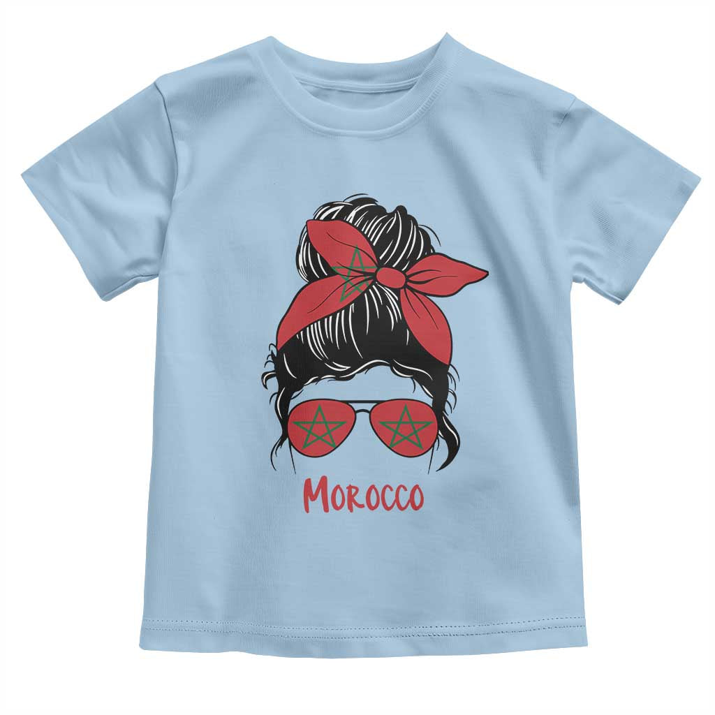 Morocco Girl Messy Bun with Flag Sunglasses Toddler T Shirt Proud Moroccan Woman Heritage