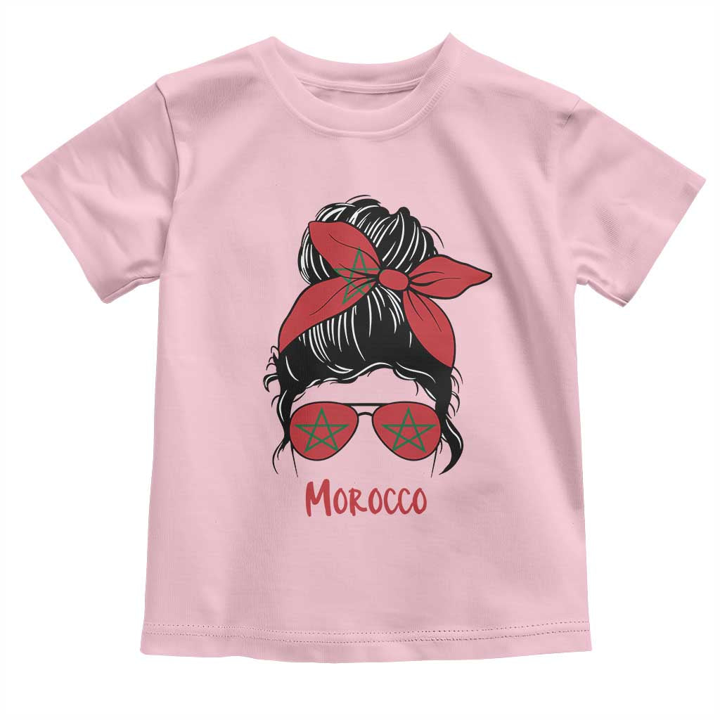 Morocco Girl Messy Bun with Flag Sunglasses Toddler T Shirt Proud Moroccan Woman Heritage