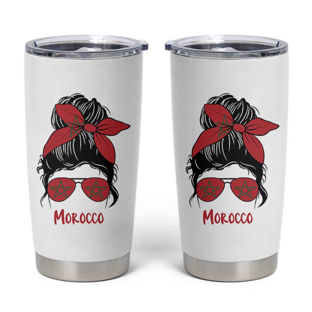 Morocco Girl Messy Bun with Flag Sunglasses Tumbler Cup Proud Moroccan Woman Heritage