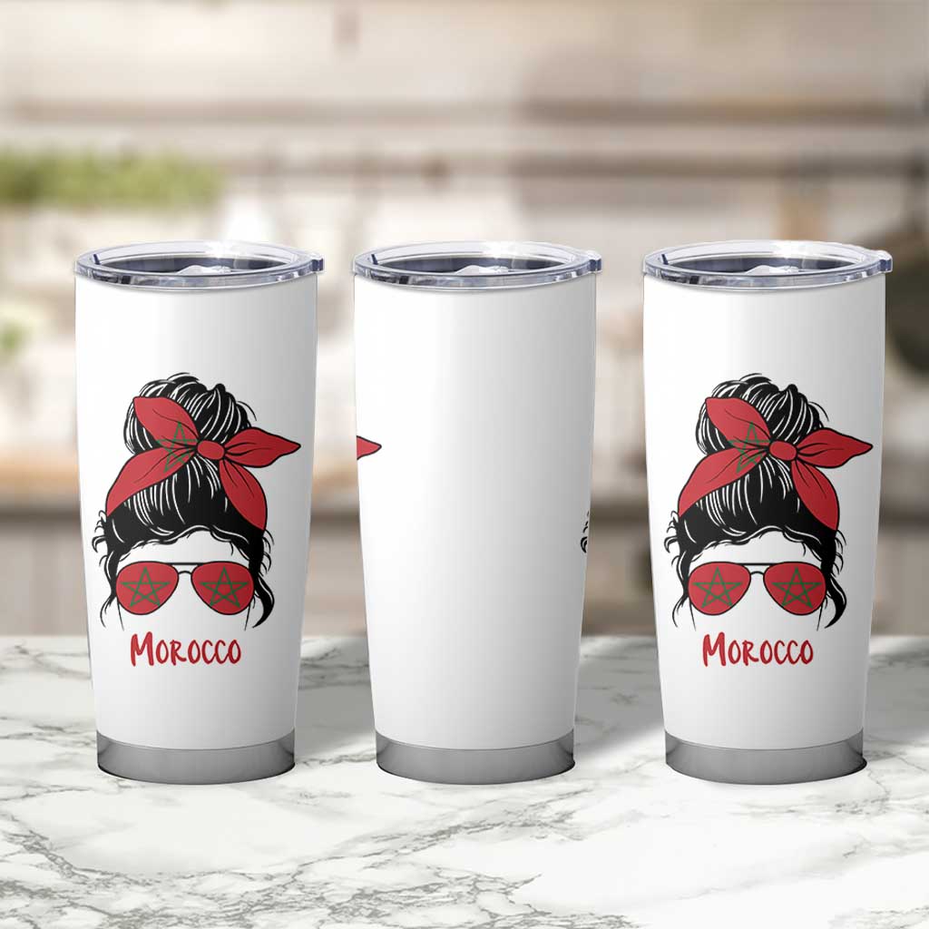 Morocco Girl Messy Bun with Flag Sunglasses Tumbler Cup Proud Moroccan Woman Heritage