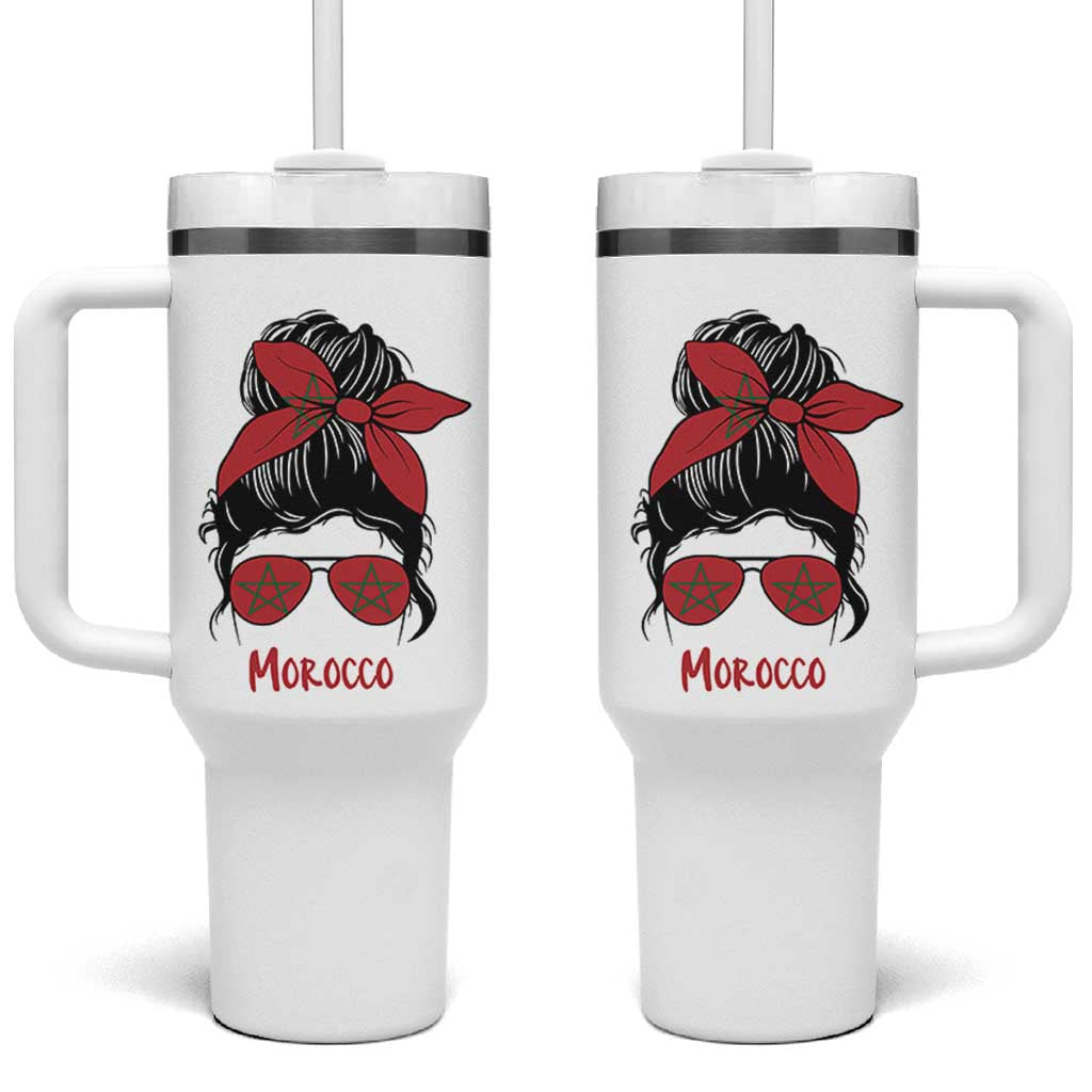 Morocco Girl Messy Bun with Flag Sunglasses Tumbler With Handle Proud Moroccan Woman Heritage