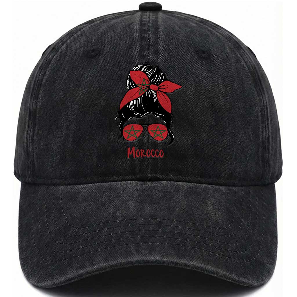 Morocco Girl Messy Bun with Flag Sunglasses Washed Cotton Baseball Cap Proud Moroccan Woman Heritage