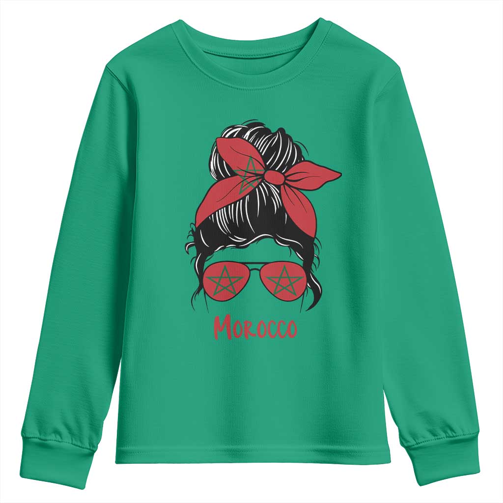 Morocco Girl Messy Bun with Flag Sunglasses Youth Sweatshirt Proud Moroccan Woman Heritage