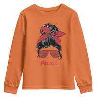 Morocco Girl Messy Bun with Flag Sunglasses Youth Sweatshirt Proud Moroccan Woman Heritage
