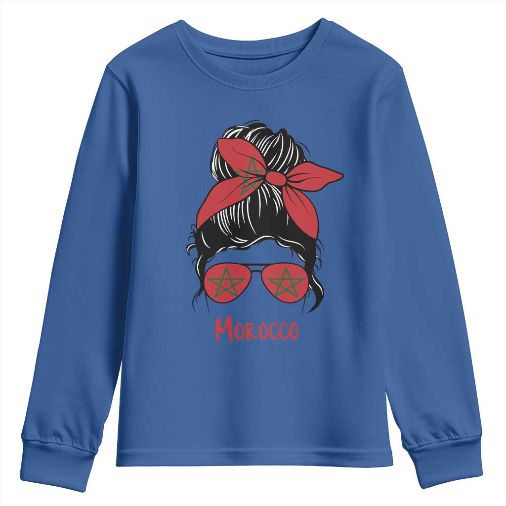 Morocco Girl Messy Bun with Flag Sunglasses Youth Sweatshirt Proud Moroccan Woman Heritage