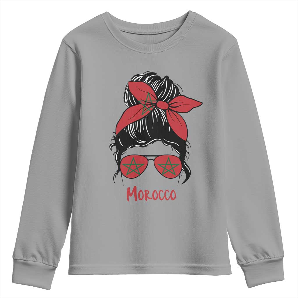 Morocco Girl Messy Bun with Flag Sunglasses Youth Sweatshirt Proud Moroccan Woman Heritage