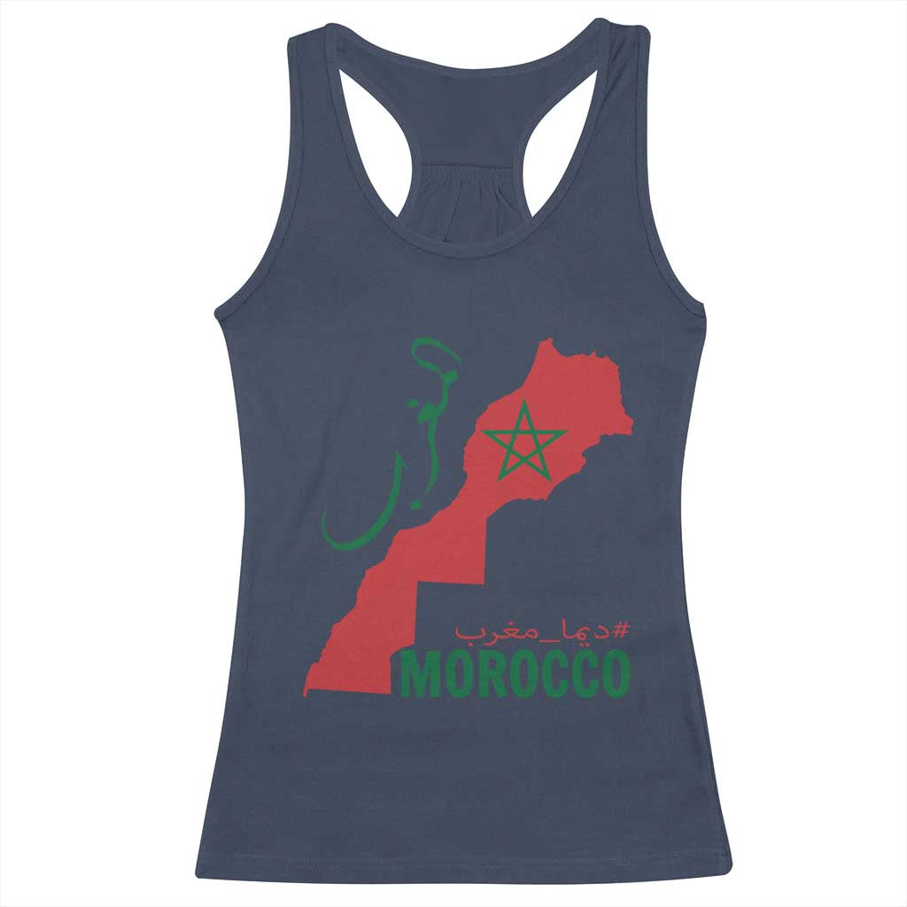 Morocco Map Dima Maghrib with Arabic Calligraphy Racerback Tank Top Maghreb Traditional Moroccan Roots Graphic