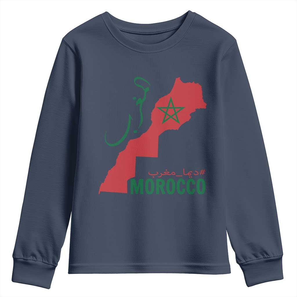 Morocco Map Dima Maghrib with Arabic Calligraphy Youth Sweatshirt Maghreb Traditional Moroccan Roots Graphic