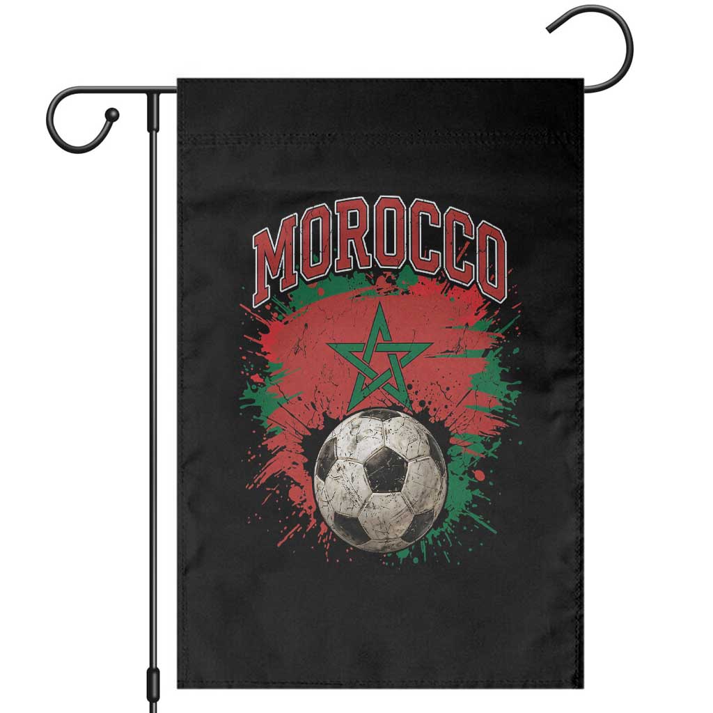 Vintage Morocco Flag Soccer Splatter Graphic Garden Flag Patriotic Moroccan Football Fans National Pride Sports
