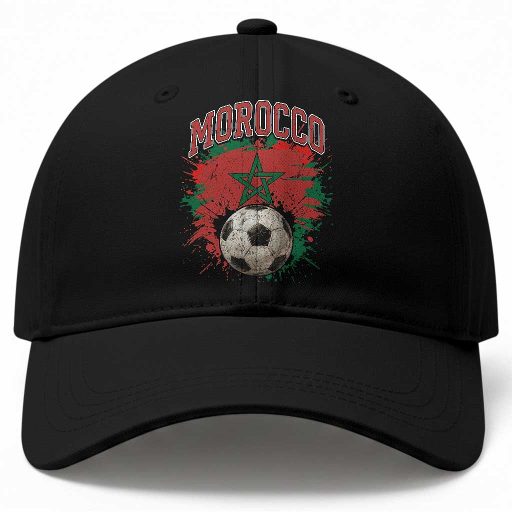 Vintage Morocco Flag Soccer Splatter Graphic Baseball Cap Patriotic Moroccan Football Fans National Pride Sports
