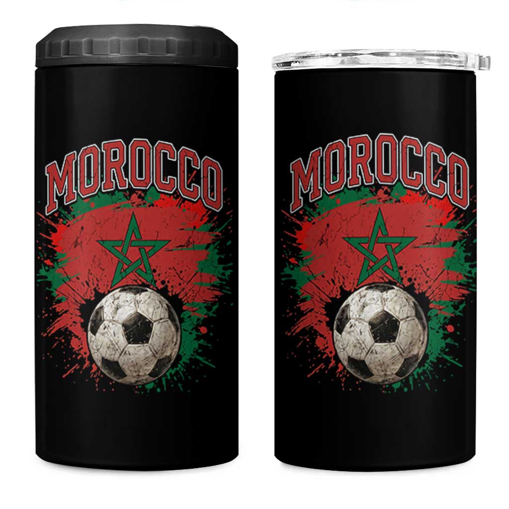Vintage Morocco Flag Soccer Splatter Graphic 4 in 1 Can Cooler Tumbler Patriotic Moroccan Football Fans National Pride Sports