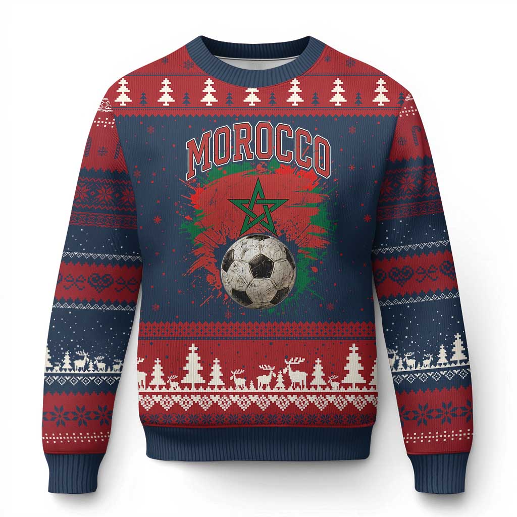 Vintage Morocco Flag Soccer Splatter Graphic Ugly Christmas Sweater Patriotic Moroccan Football Fans National Pride Sports