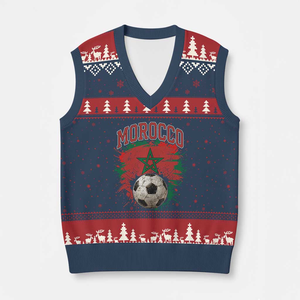 Vintage Morocco Flag Soccer Splatter Graphic V-Neck Knit Sweater Vest Patriotic Moroccan Football Fans National Pride Sports