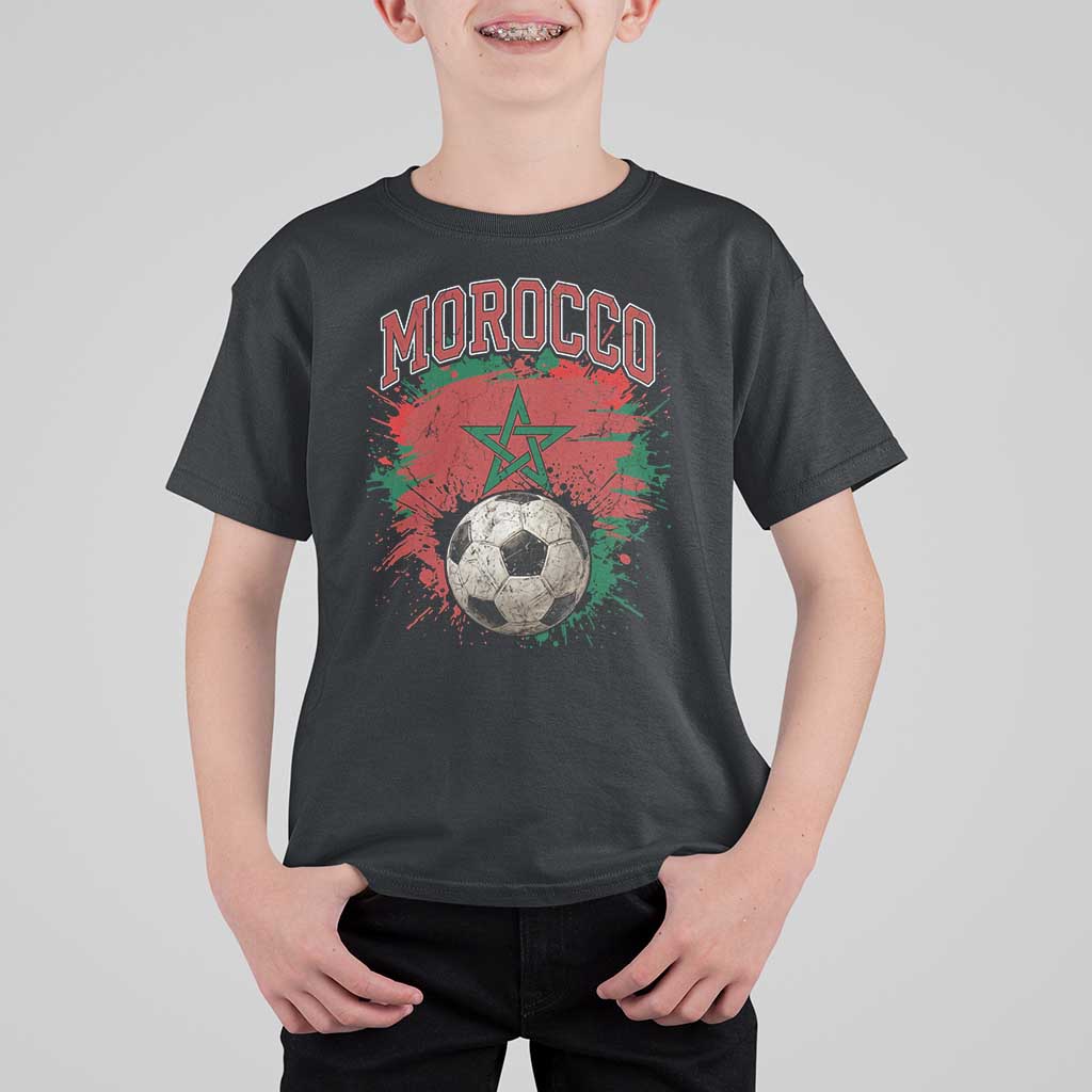 Vintage Morocco Flag Soccer Splatter Graphic T Shirt For Kid Patriotic Moroccan Football Fans National Pride Sports