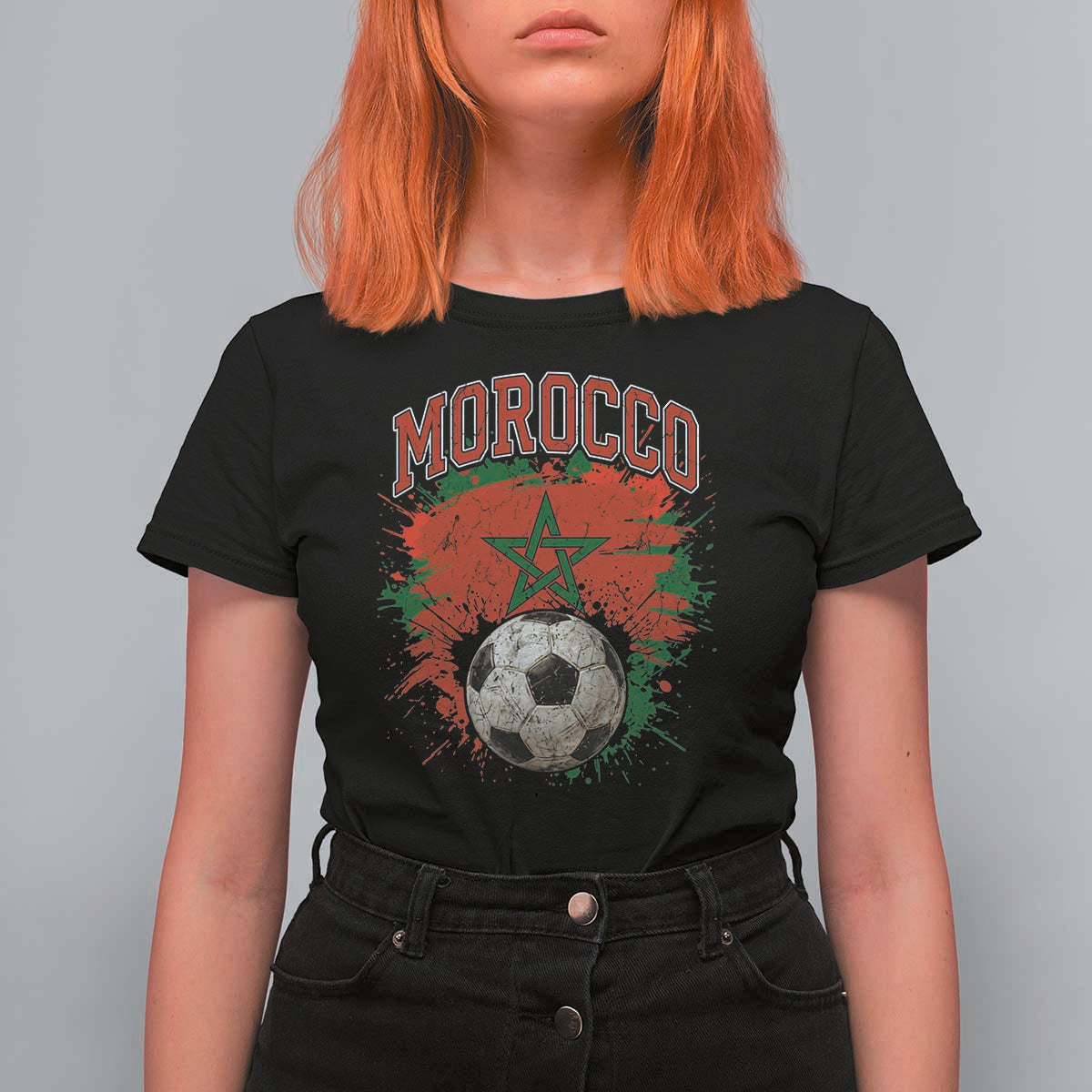 Vintage Morocco Flag Soccer Splatter Graphic T Shirt For Women Patriotic Moroccan Football Fans National Pride Sports