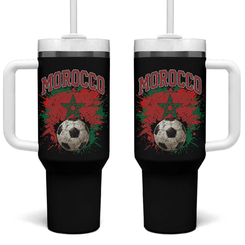 Vintage Morocco Flag Soccer Splatter Graphic Tumbler With Handle Patriotic Moroccan Football Fans National Pride Sports