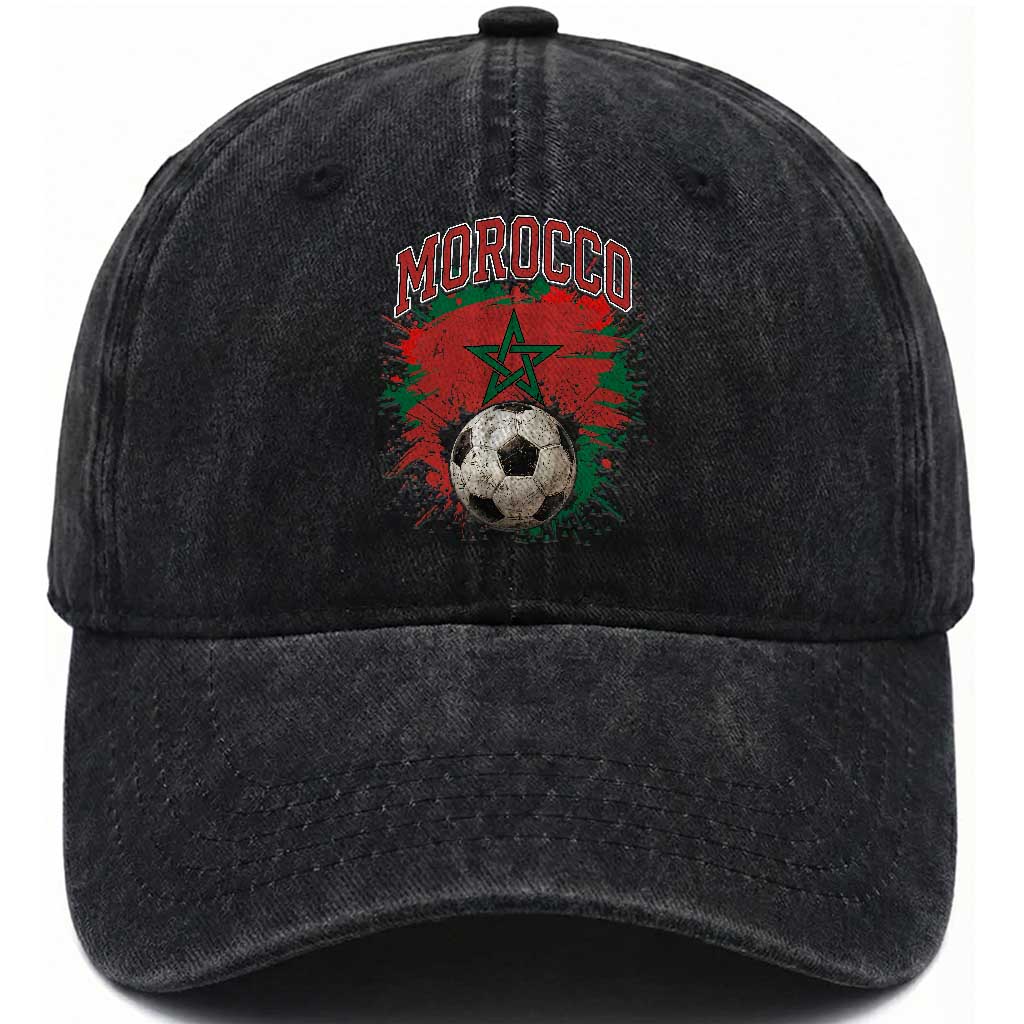 Vintage Morocco Flag Soccer Splatter Graphic Washed Cotton Baseball Cap Patriotic Moroccan Football Fans National Pride Sports