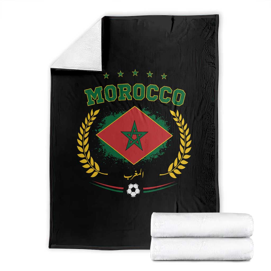 Morocco Football Laurel Wreath Crest Graphic Throw Blanket Proud Moroccan Soccer Star Emblem Sports Fans